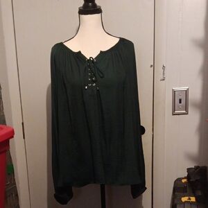 Jennifer Lopez Dark Green Lace-Up Blouse